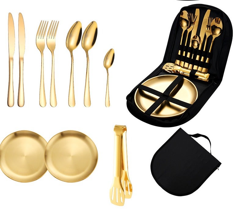 مجموعة أدوات الأكل الذهبية من الفولاذ المقاوم للصدأ، مزودة بأطباق ومغاسل، كيس محمول للتنقل والخارجية والشواء